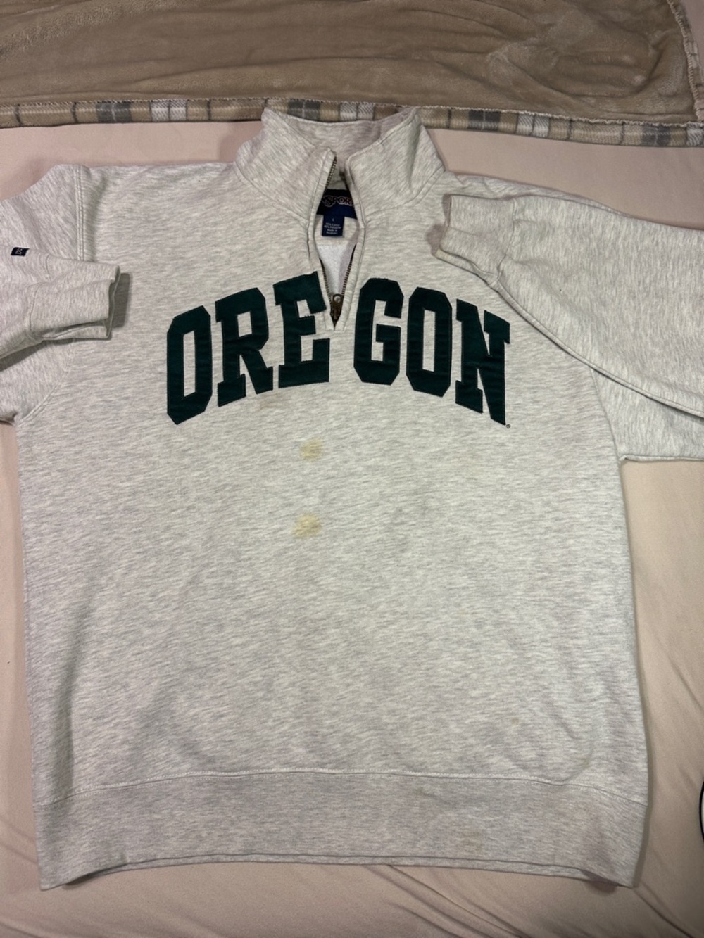 Vintage Jansport Oregon Light Gray Quarter-Zip Sweatshirt Dark Green Lettering